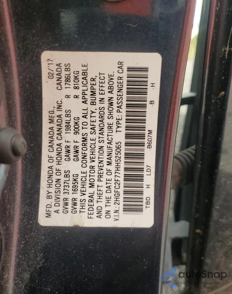 2017 Honda Civic Ex from USA, damaged, VIN 2HGFC2F77HH525065